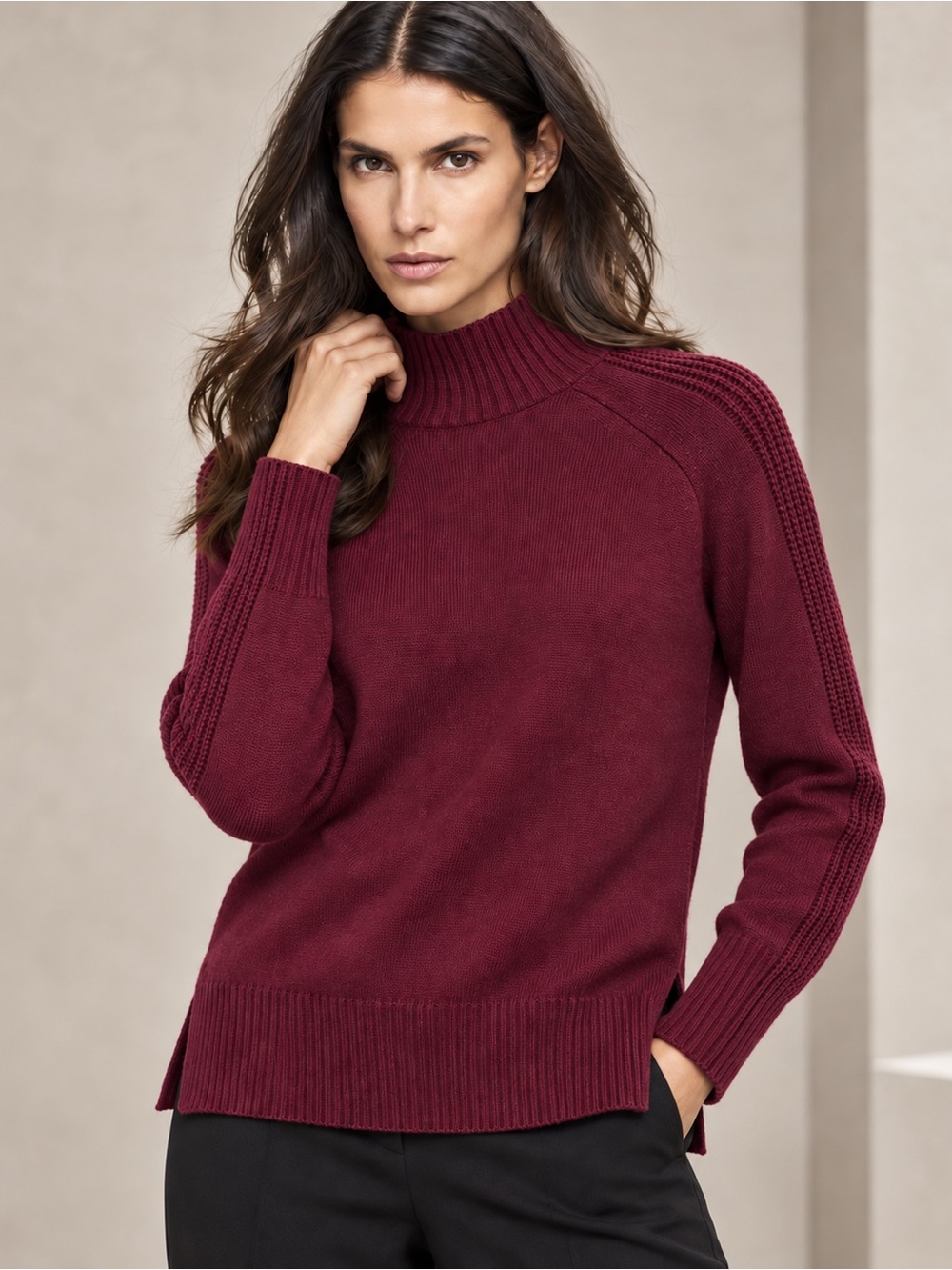 T Tahari Burgundy Mock Neck Sweater Textured Rib Sleeve Knit Size S